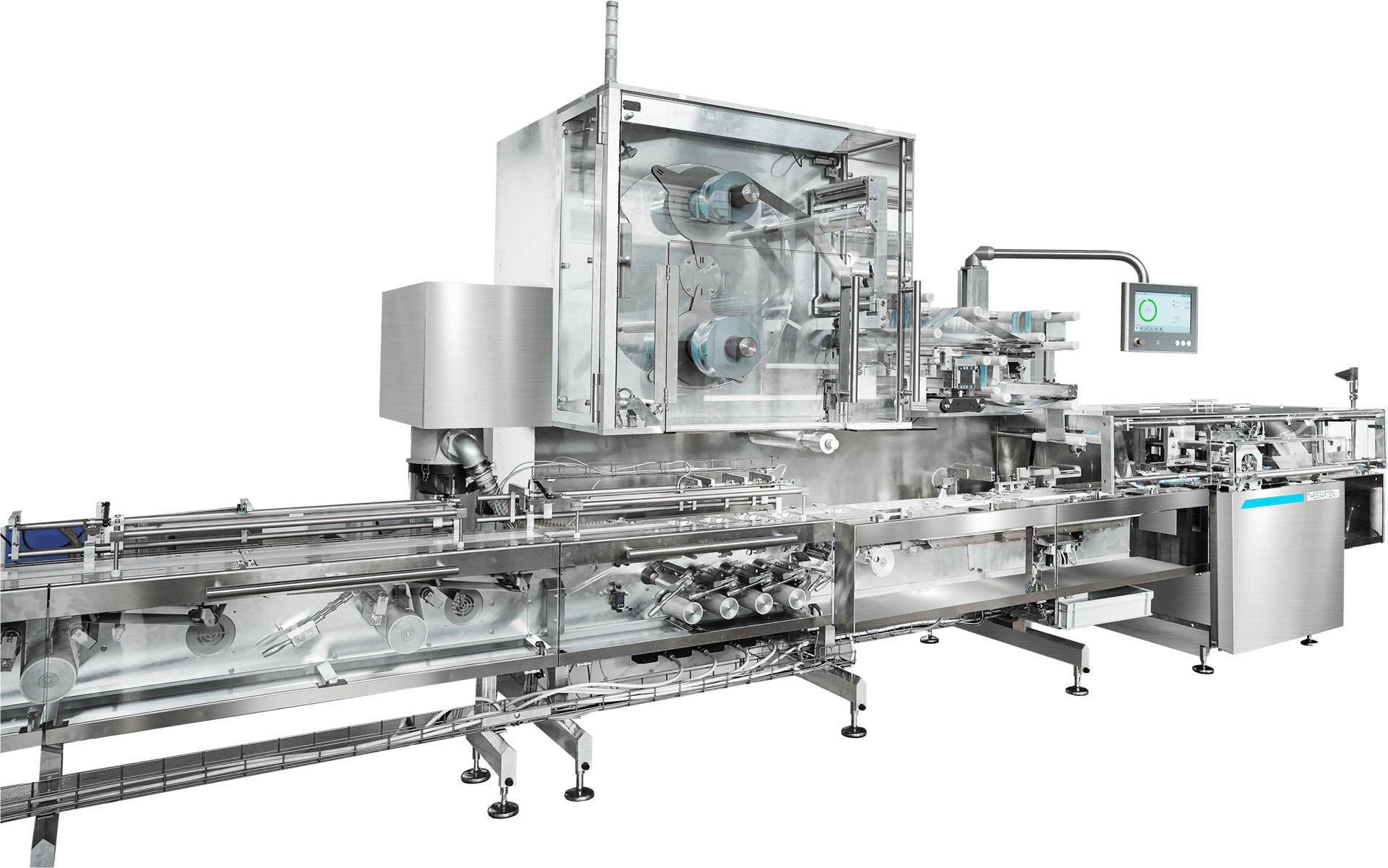 Industrial stainless steel packaging machine with film rolls, conveyors, and a control screen.