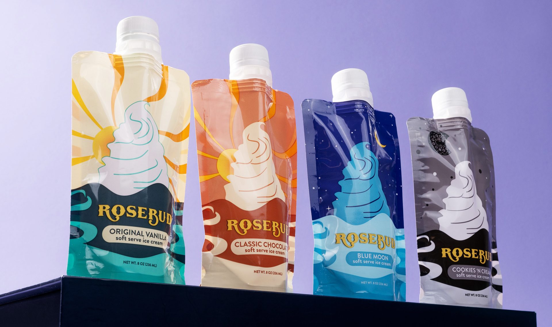 RoseBud Ice Cream pouches utilizing Hoffer Plastics’ P22 spout