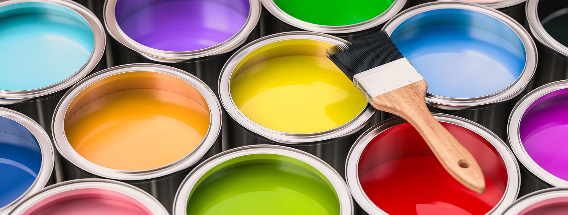 open cans of colorful paint with brush