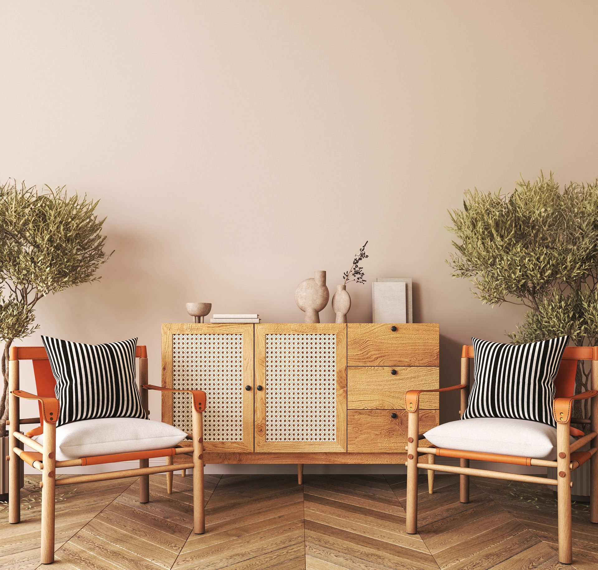 Japanese boho beige interior with armchair and commode background. Light modern natural Australian living room.