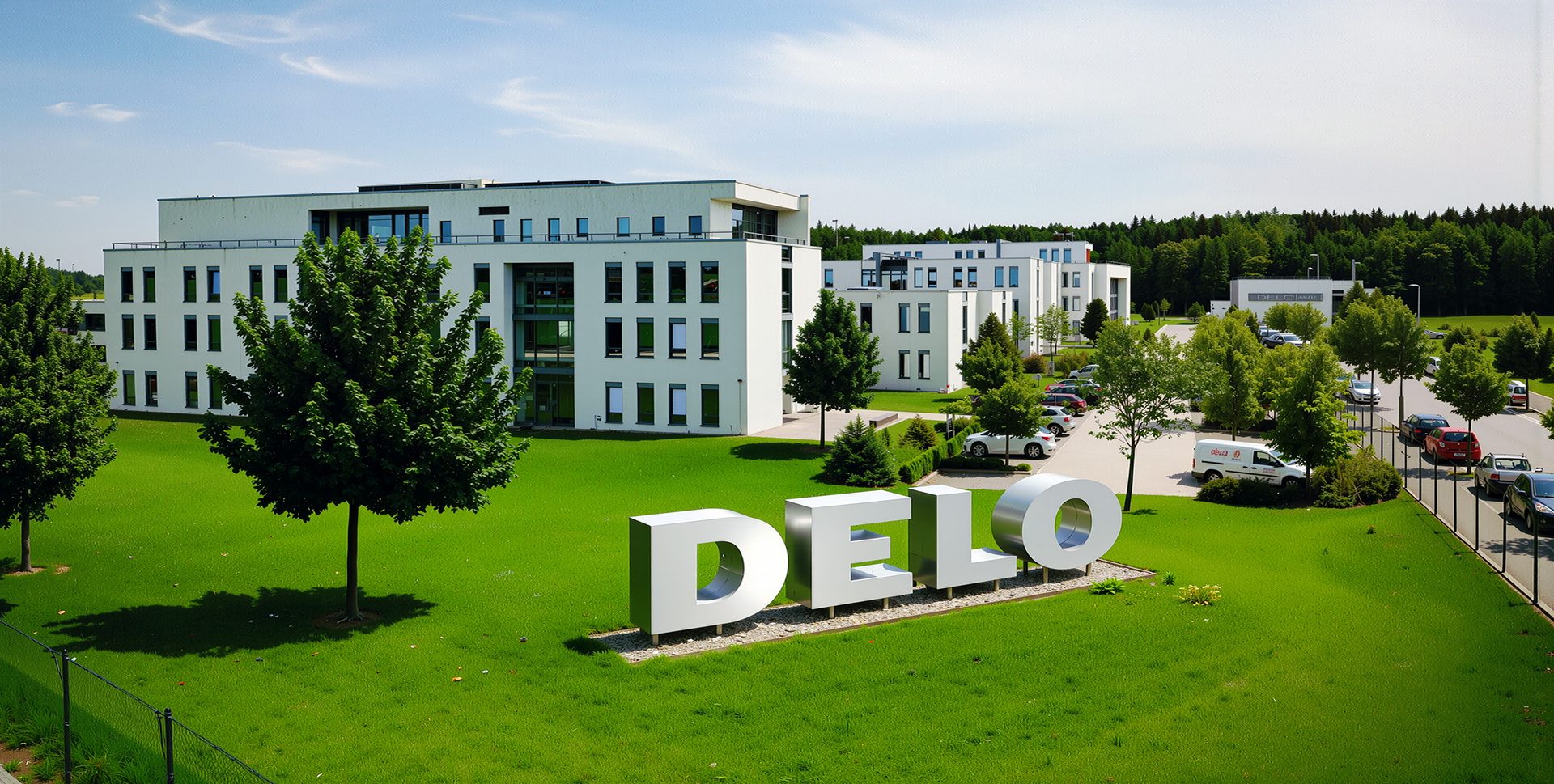 Aerial view of the DELO corporate campus with modern white buildings, lush green lawns, and large DELO sign.