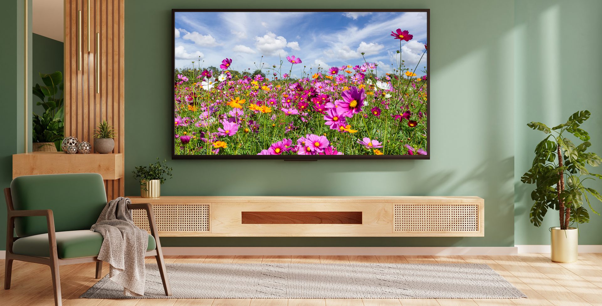 Modern living room with television on the wall