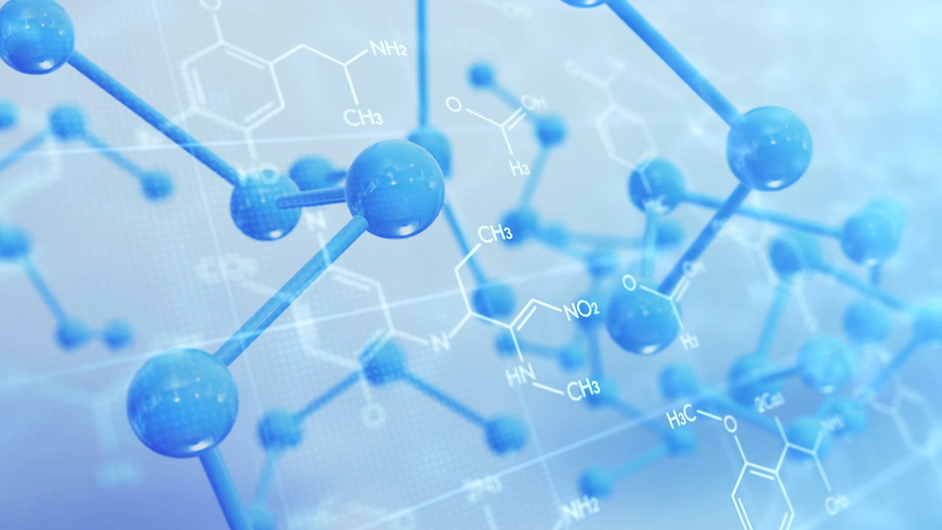 Abstract blue molecular model with glowing chemical formulas and structures on a light blue background.