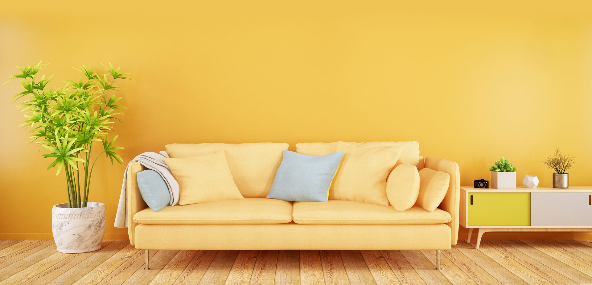 Yellow living room with sofa and plants