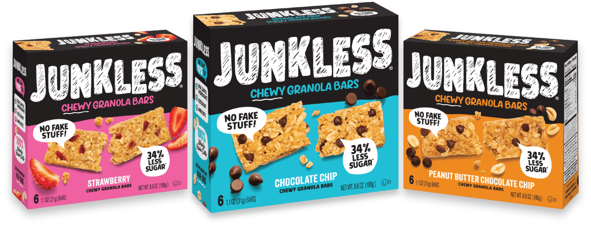 JUNKLESS packaging in three different flavor varieties 