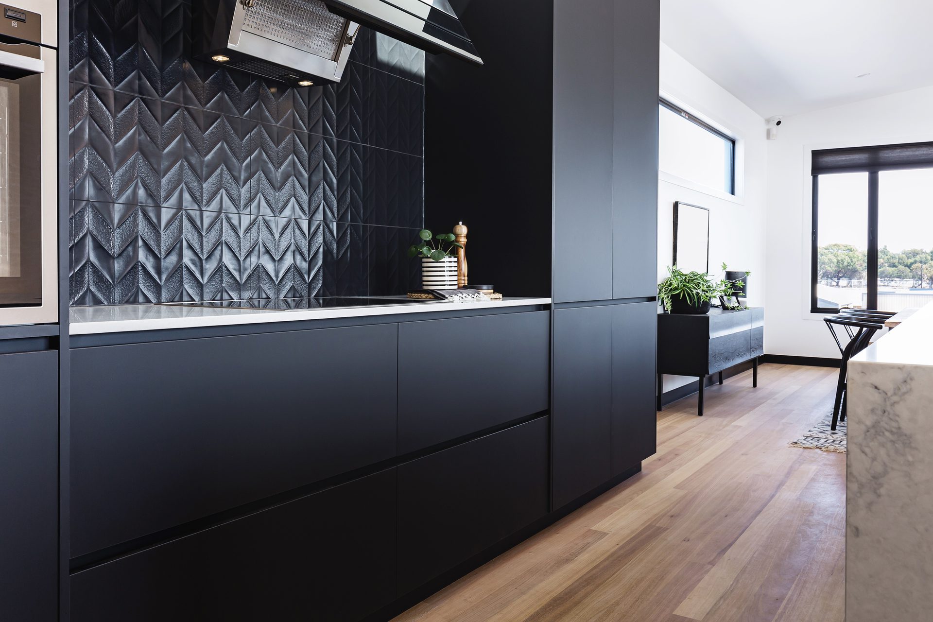 Modern kitchen with black matte cabinets