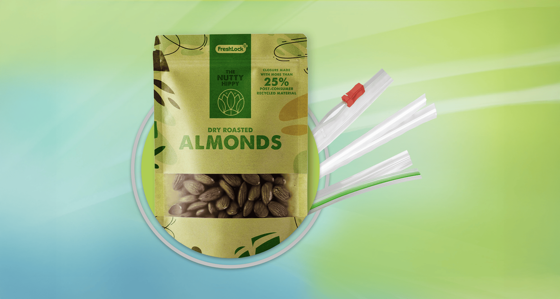 Image of a flexible pouch for almonds incorporating a closure made with more than 25% post-consumer recycled (PCR) material.
