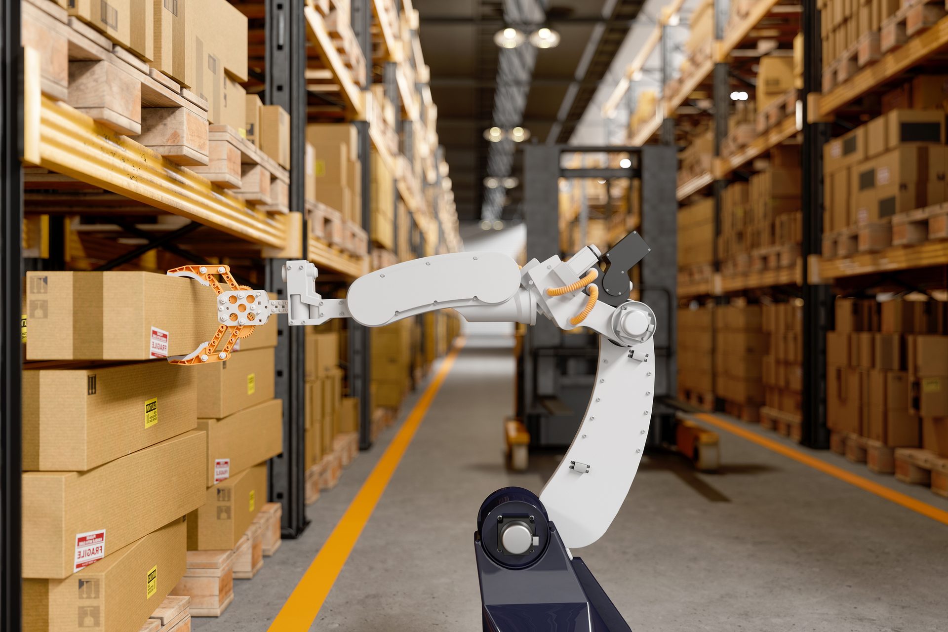 Robotic arm picking up a box in a warehouse