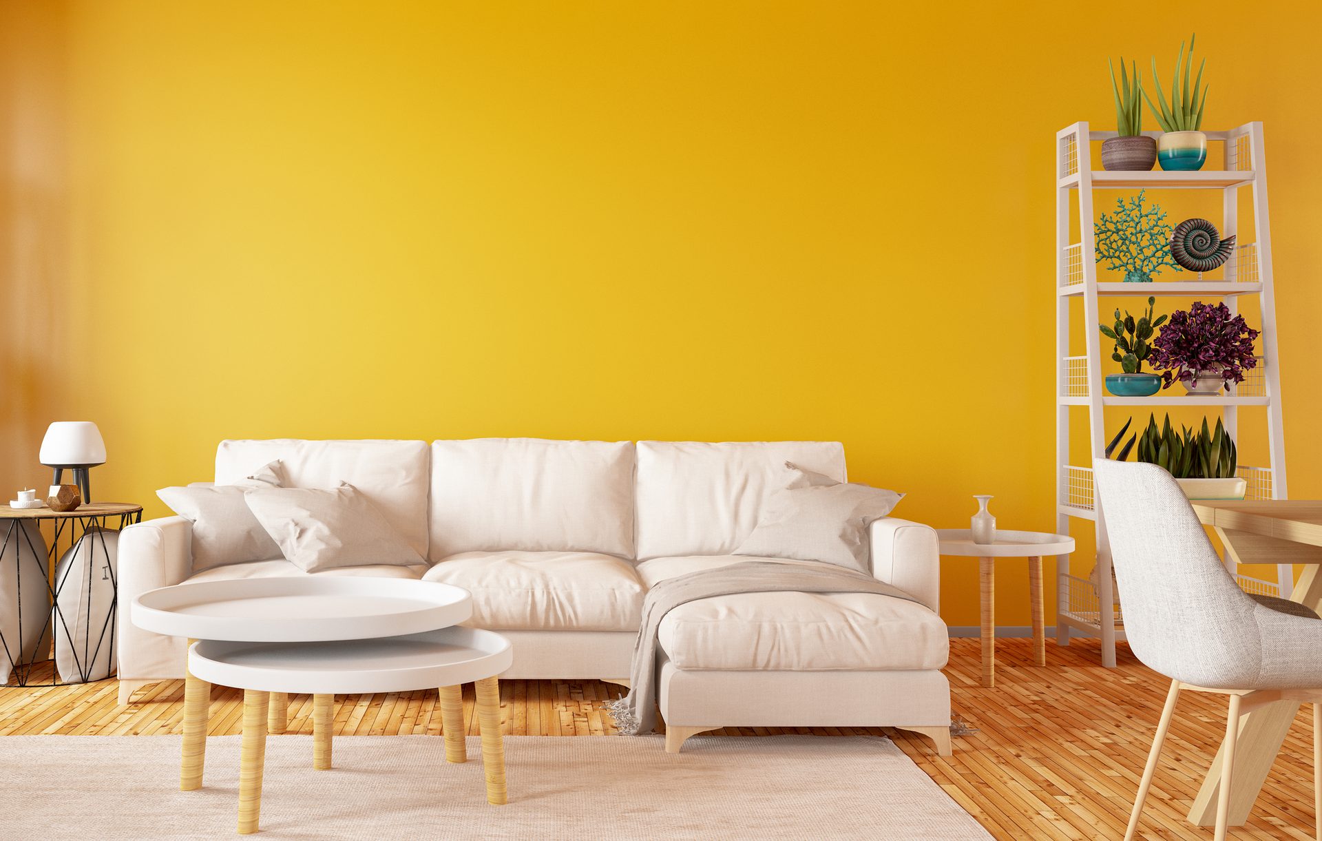 Modern living room: bright yellow wall, white sofa, wooden floor, shelf with plants, coffee tables.