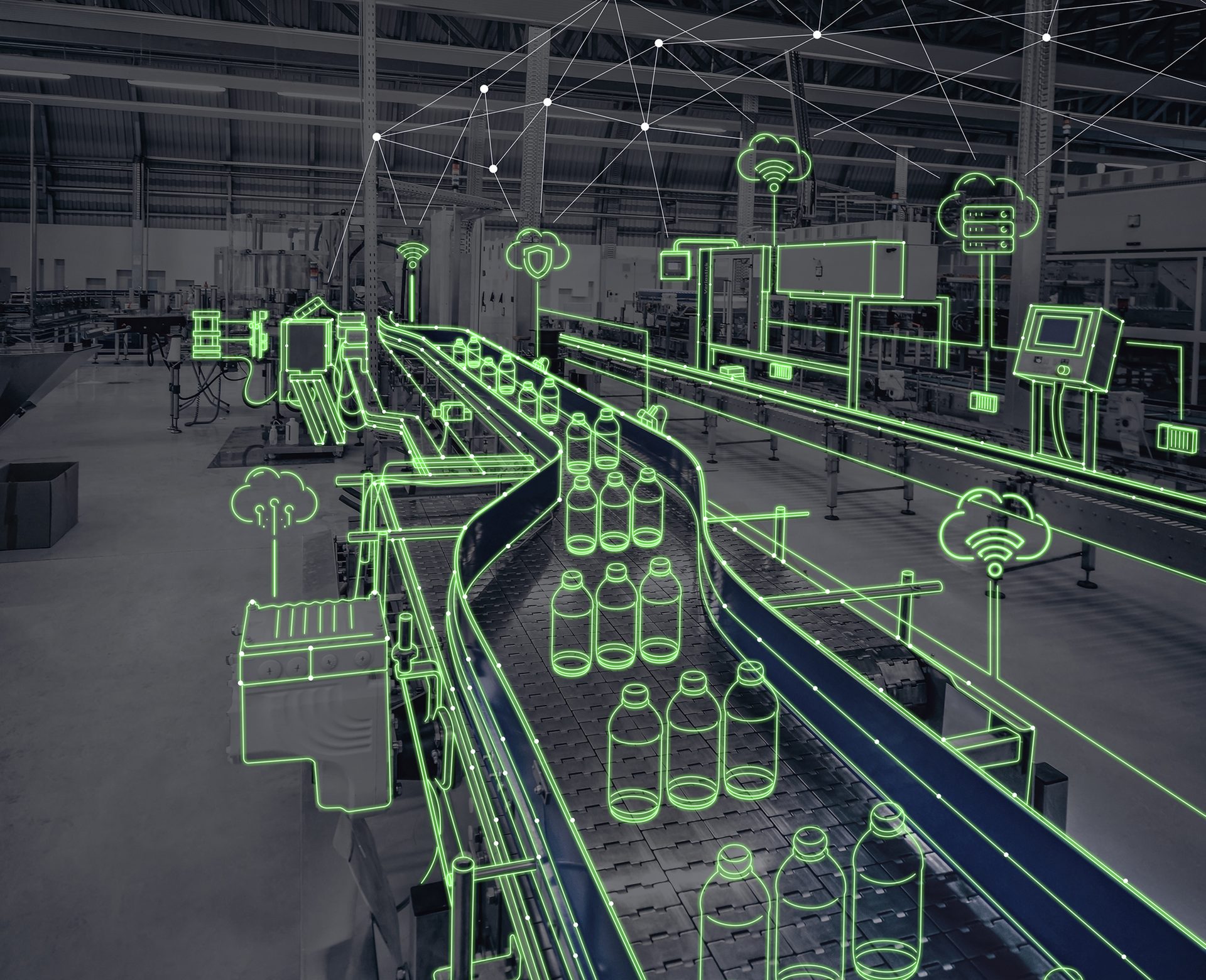 Bottling conveyor system employing floor-to-cloud packaging automation