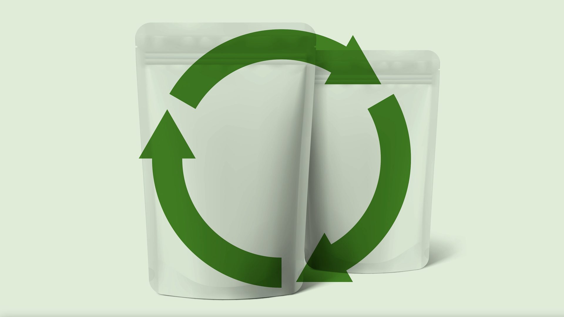 Circle of green arrows in front of pouches