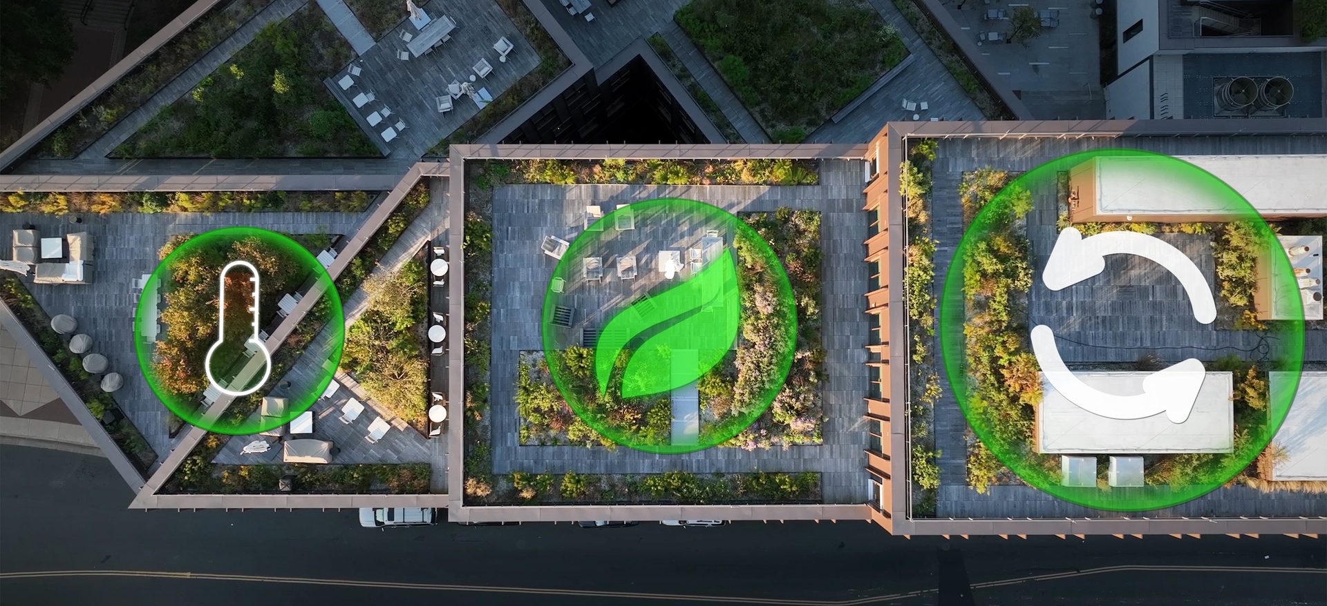 Sustainable Smart Building Rooftops with Eco Icons – Green Energy, Recycling, and Climate Monitoring Technology Concept