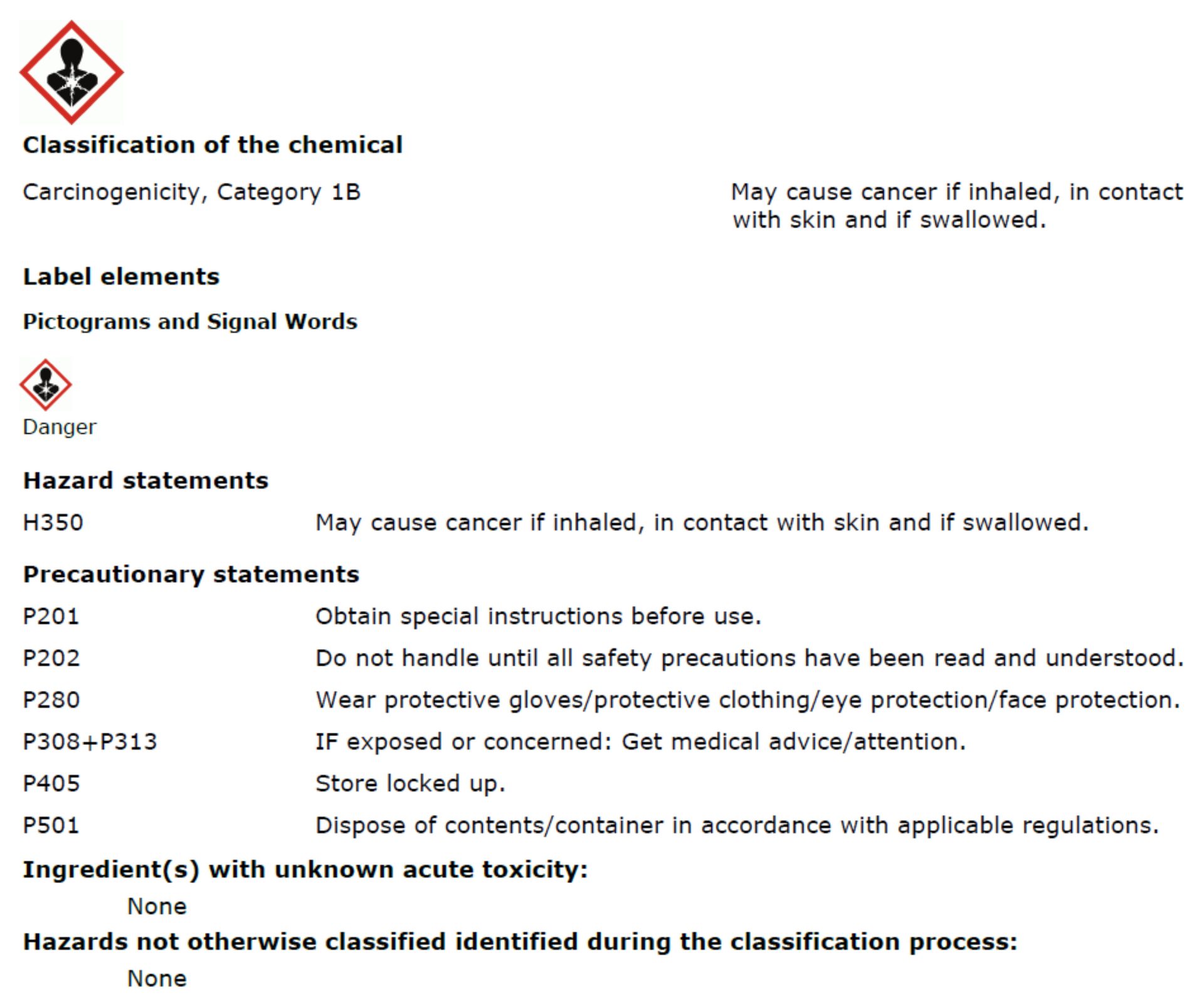 Example from SDS with the designation GHS 08 and the phrase H350.