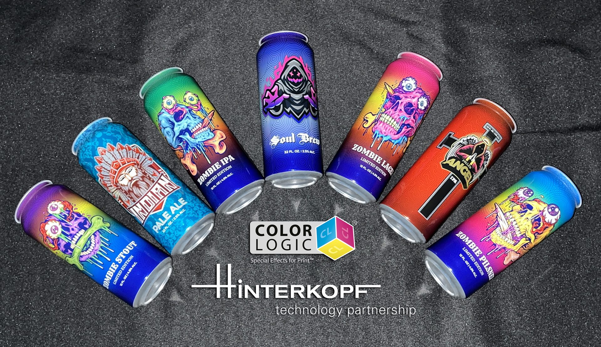 Image of cylindrical beer cans decorated using the technologies of Color-Logic and Hinterkopf.
