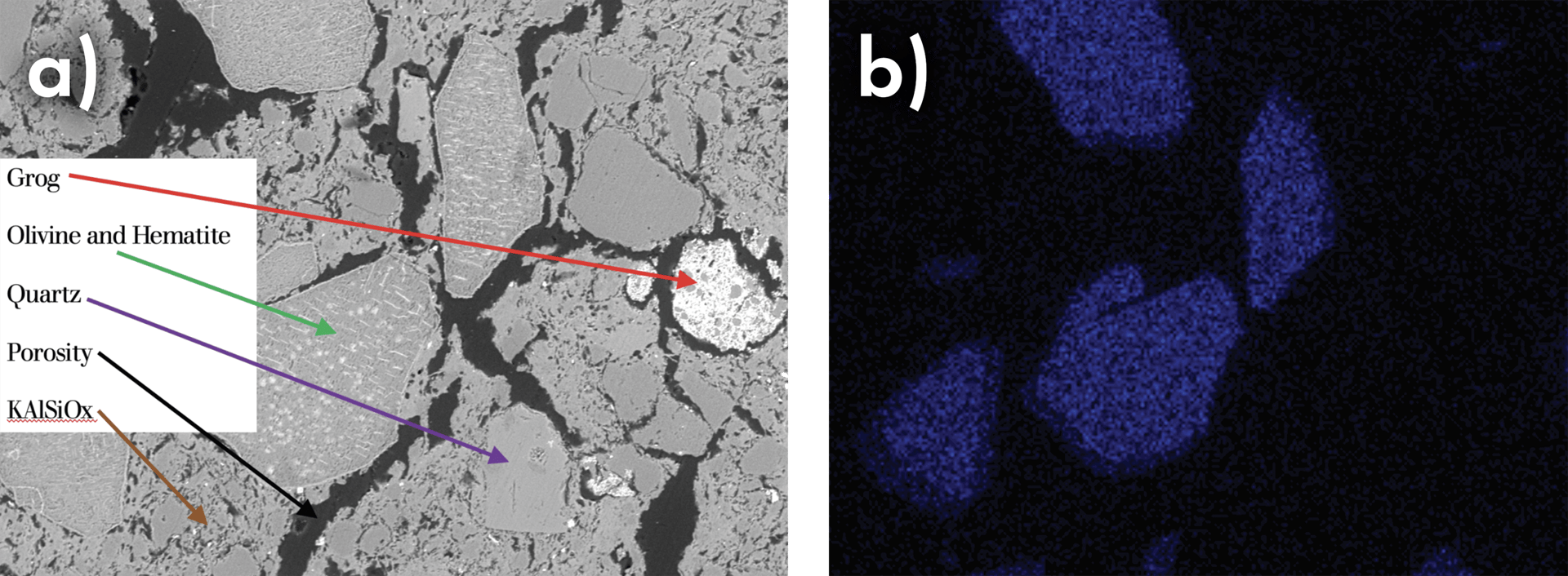 a) Backscattered scanning electron micrograph of the clay brick sintered microstructure. b) Energy dispersive X-ray microanalysis spectral image of the same area illustrating the location of magnesium
