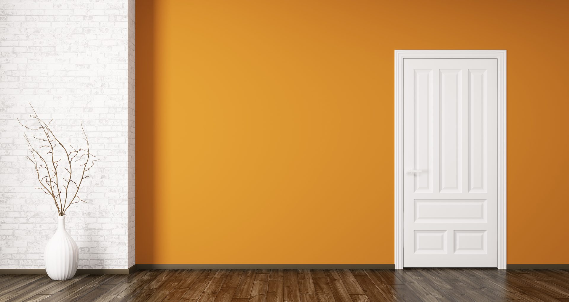 Interior of empty living room with white classic door and vase with orange painted wall, 3d rendering