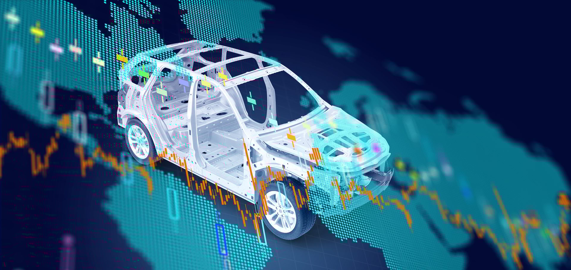Industry related 3D rendered unfinished car object with some abstract financial data on world map