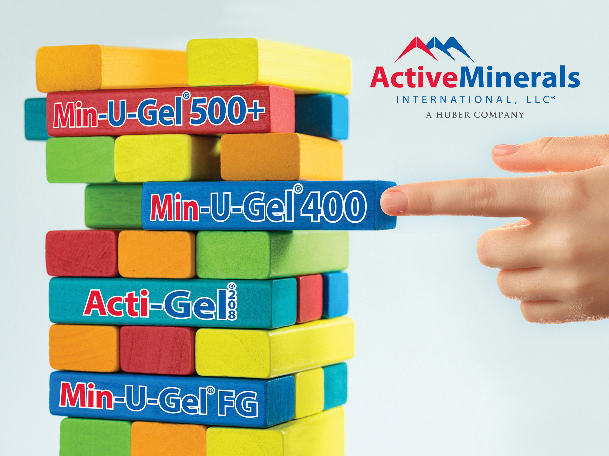 Hand pulls "Min-U-Gel 400" from Jenga-like blocks listing products, with ActiveMinerals logo.
