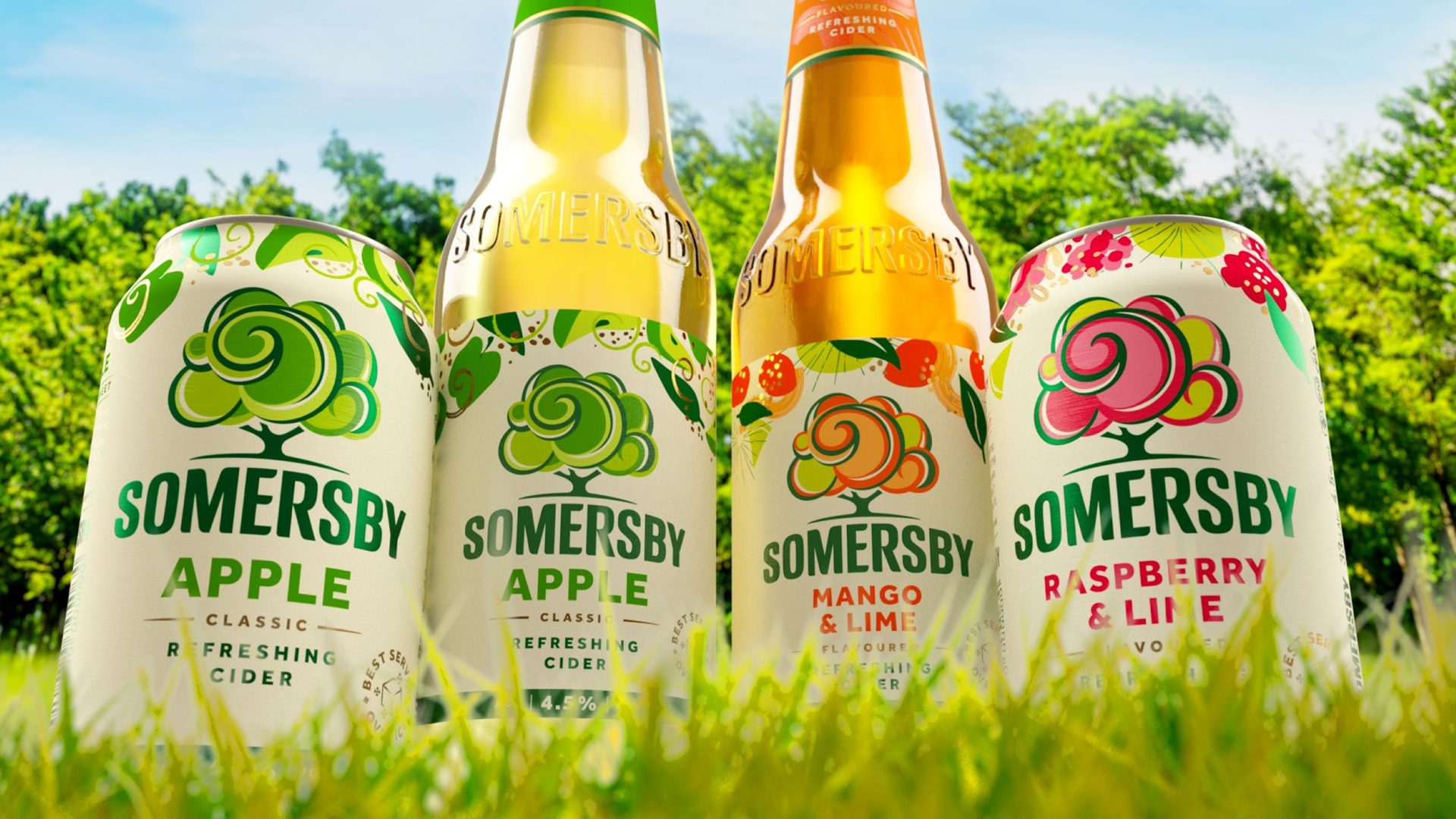 Somersby bottles and cans in a grassy meadow