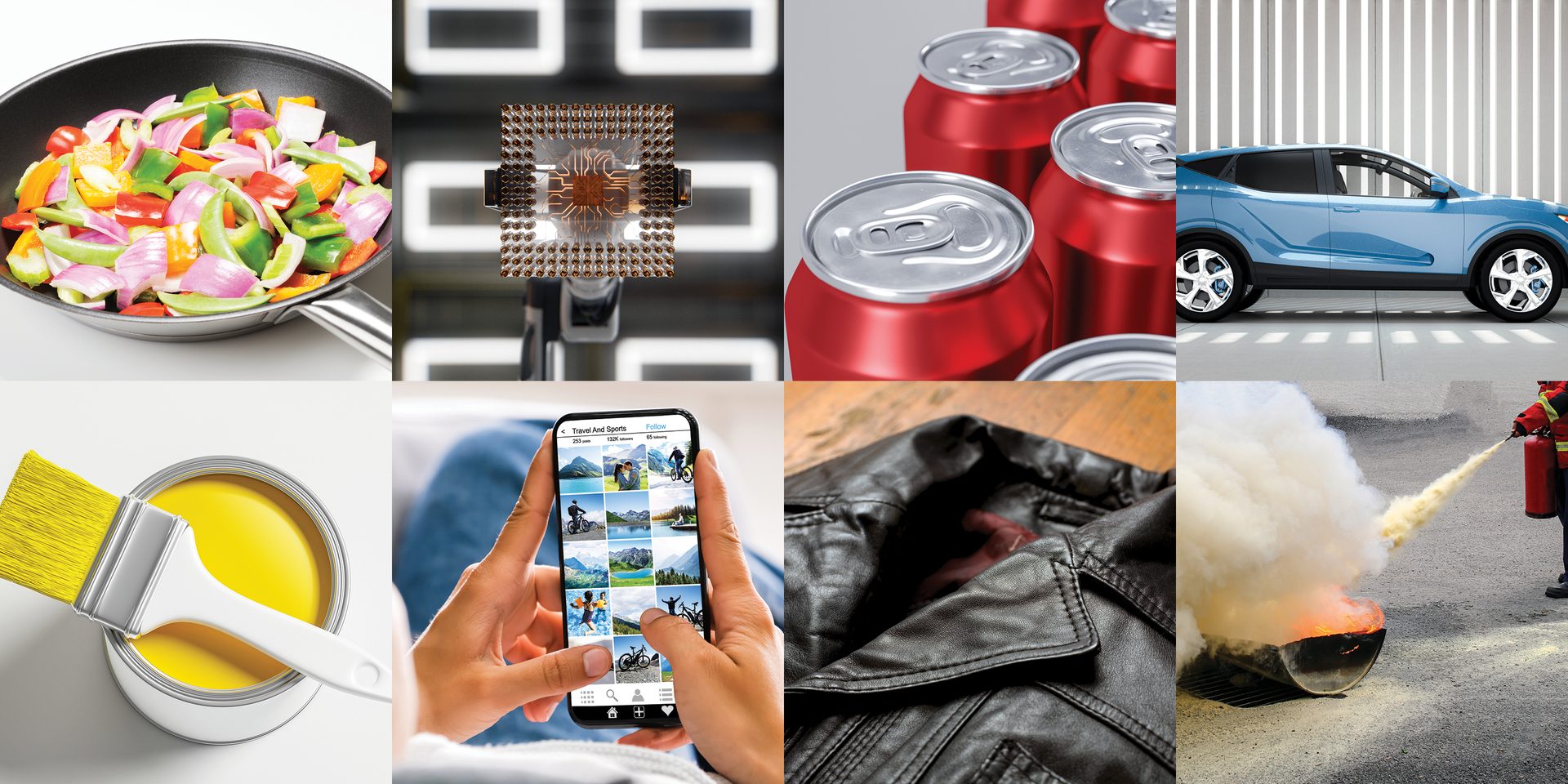 PFAS applications that include non-stick cookware, semiconductor, soda pop cans, car with blue paint, yellow paint in can with brush, cell phone, leather jacket, firefighting foam.