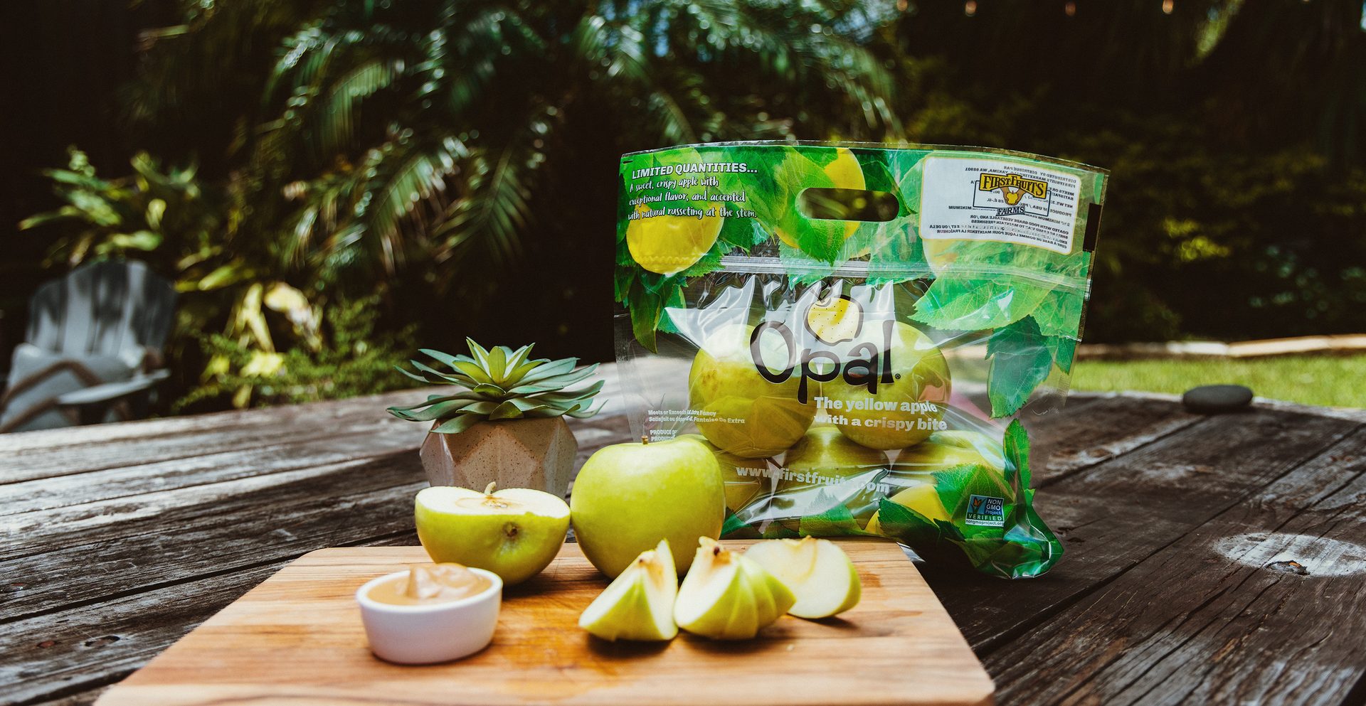 Image of sliced apples on a picnic table alongside flexible packaging containing apples.
