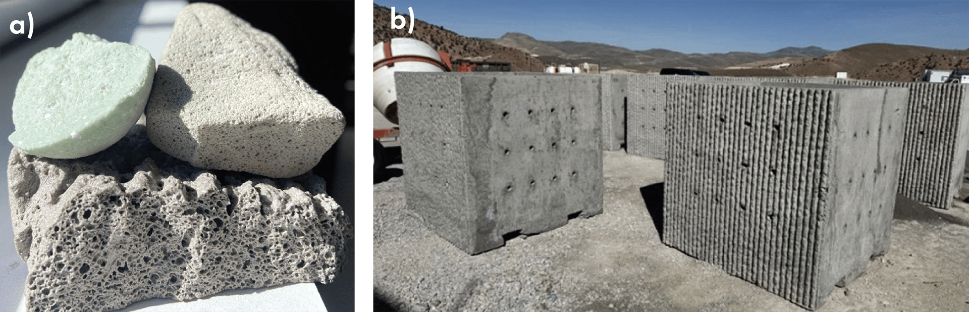 a) Images of varying foam glass compositions, b) SilicaX coupons being produced for immersion