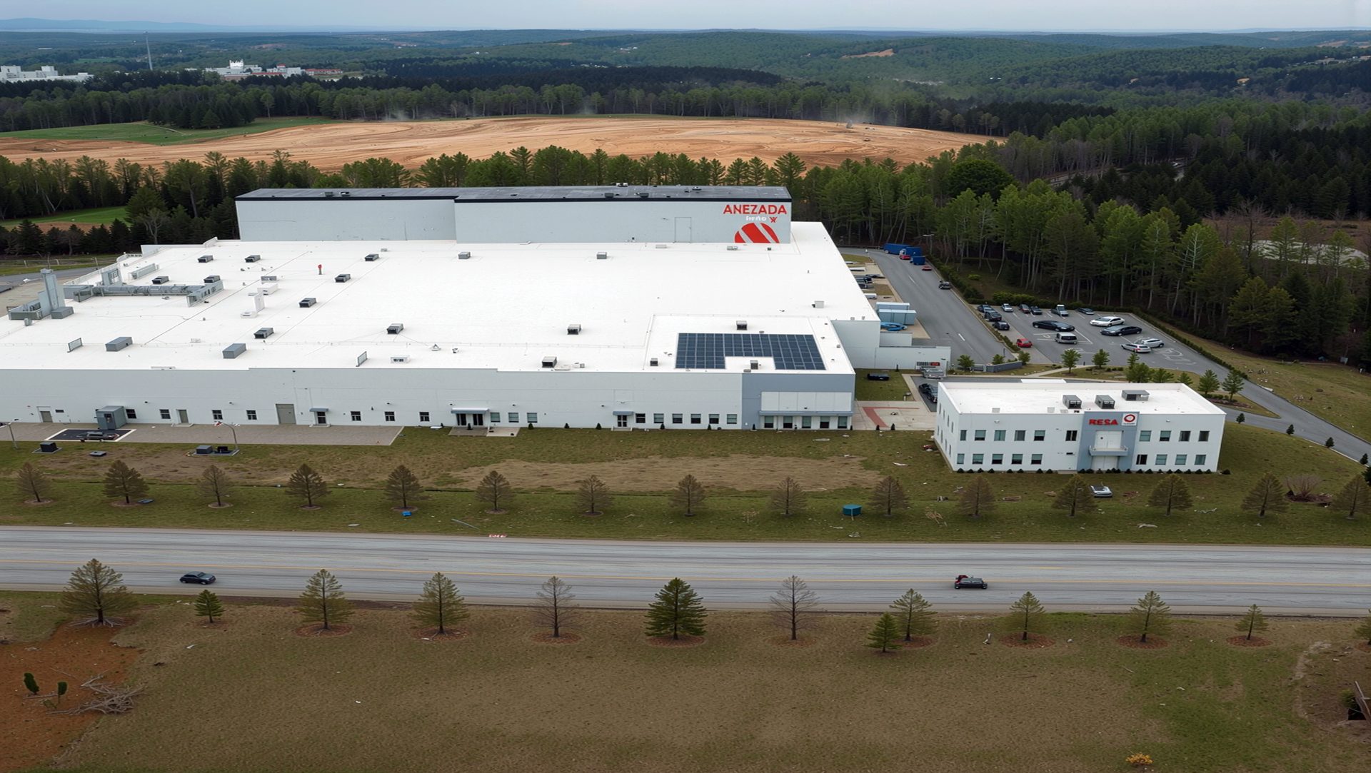 Aerial view of a large white factory building with solar panels, an office, and surrounding forested and cleared land.