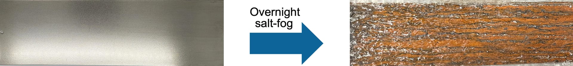 Cold-rolled steel panel (left) after overnight exposure to salt-fog cabinet (right)