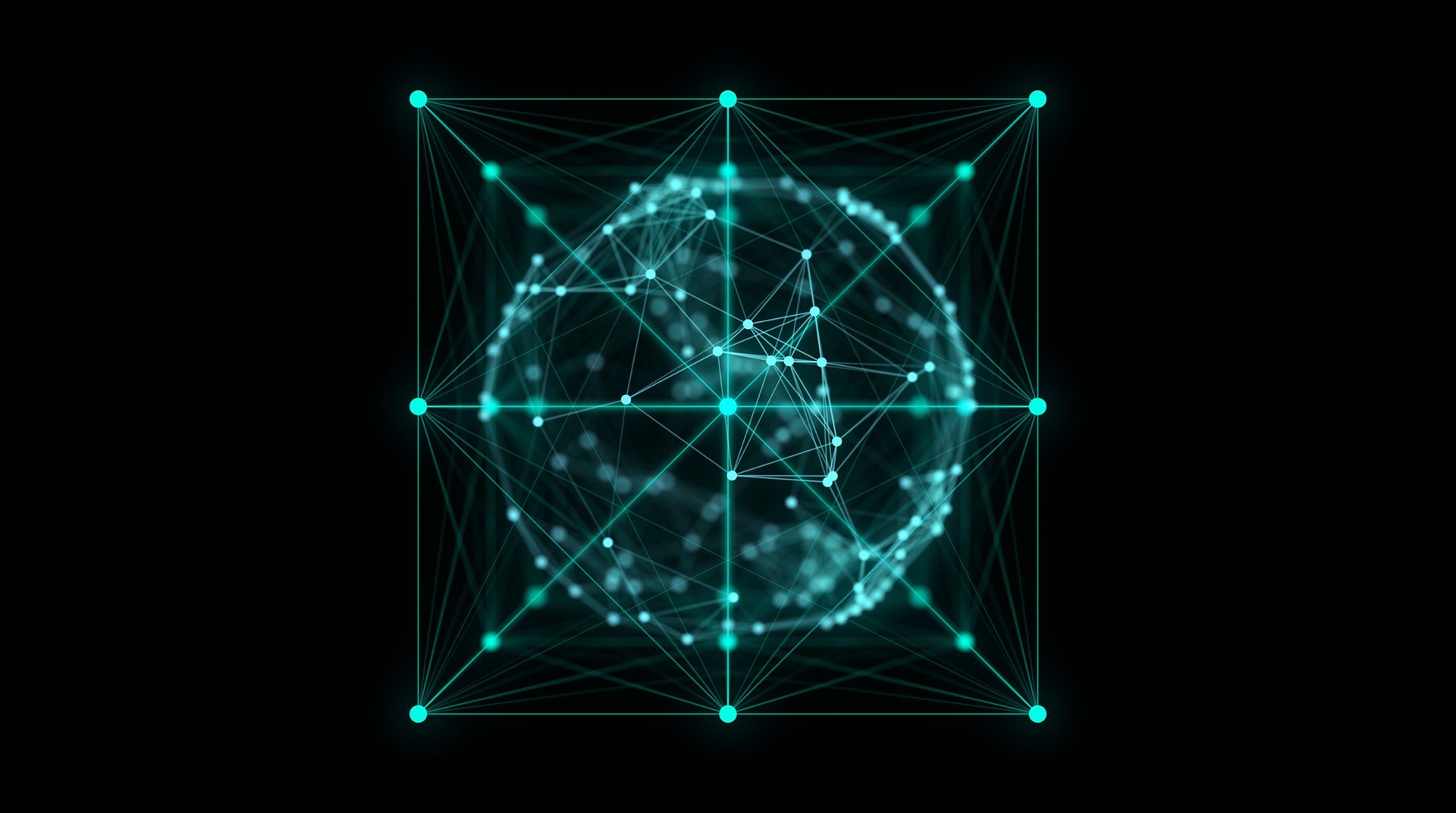 Abstract blue sphere in the cube with connecting dots and lines to symbolize collaboration
