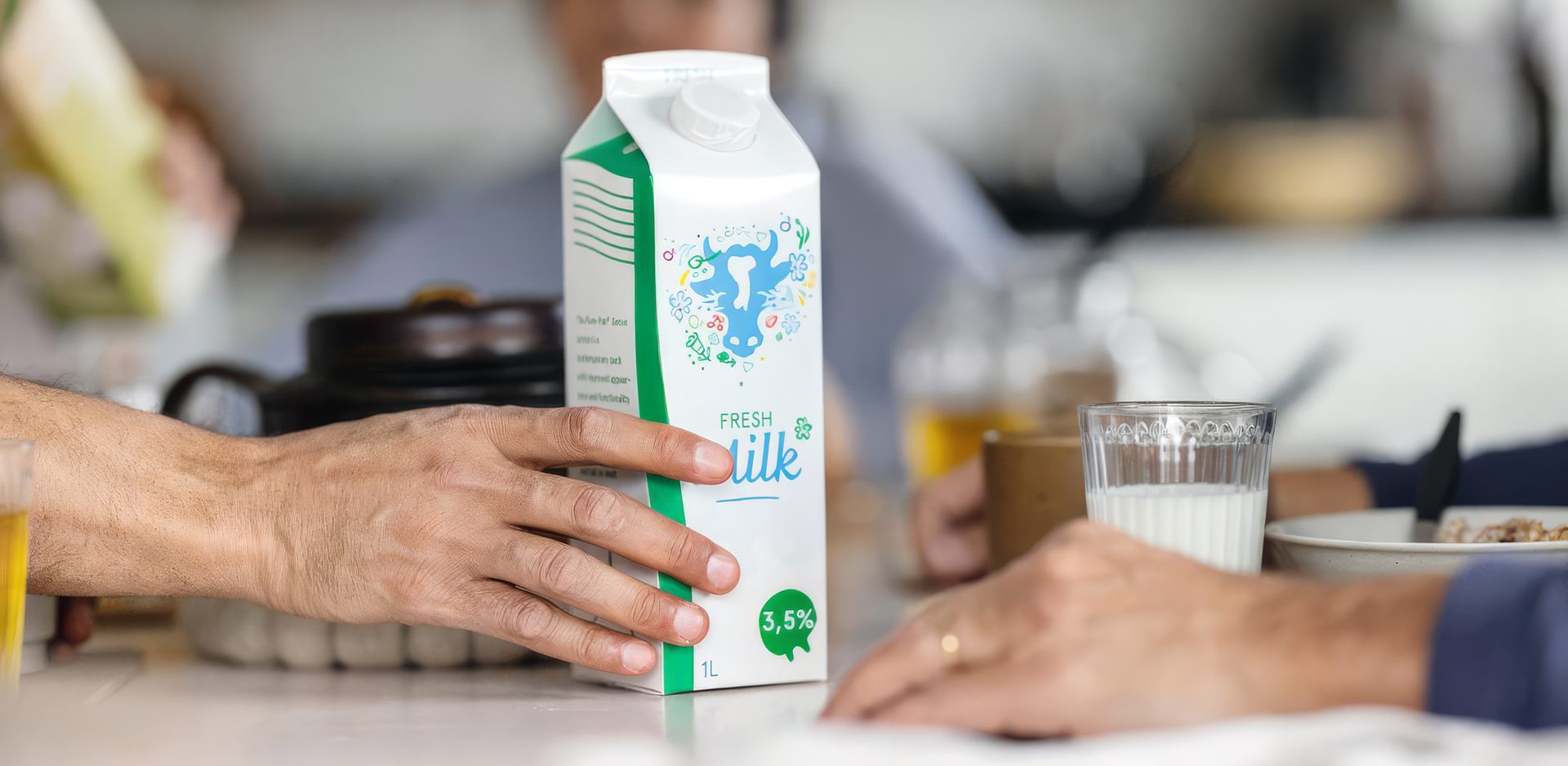 Image of person reaching for a carton of milk on a kitchen table.