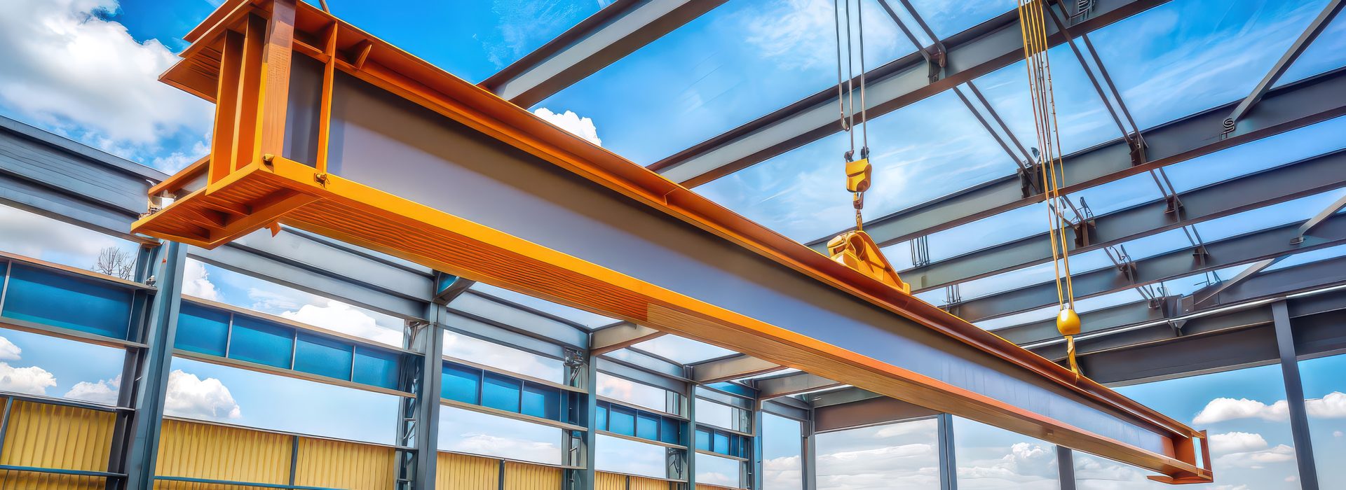 Crane lifts a yellow I-beam into place within a metal building frame under a blue sky.