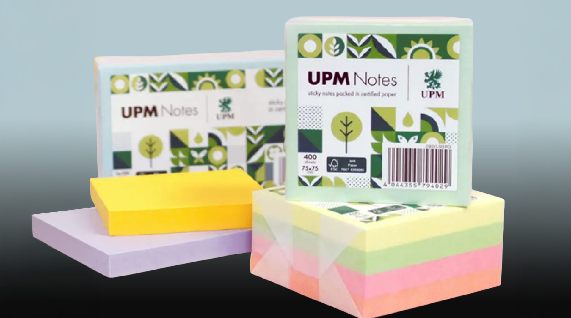 UPM Notes in new packaging against pastel background
