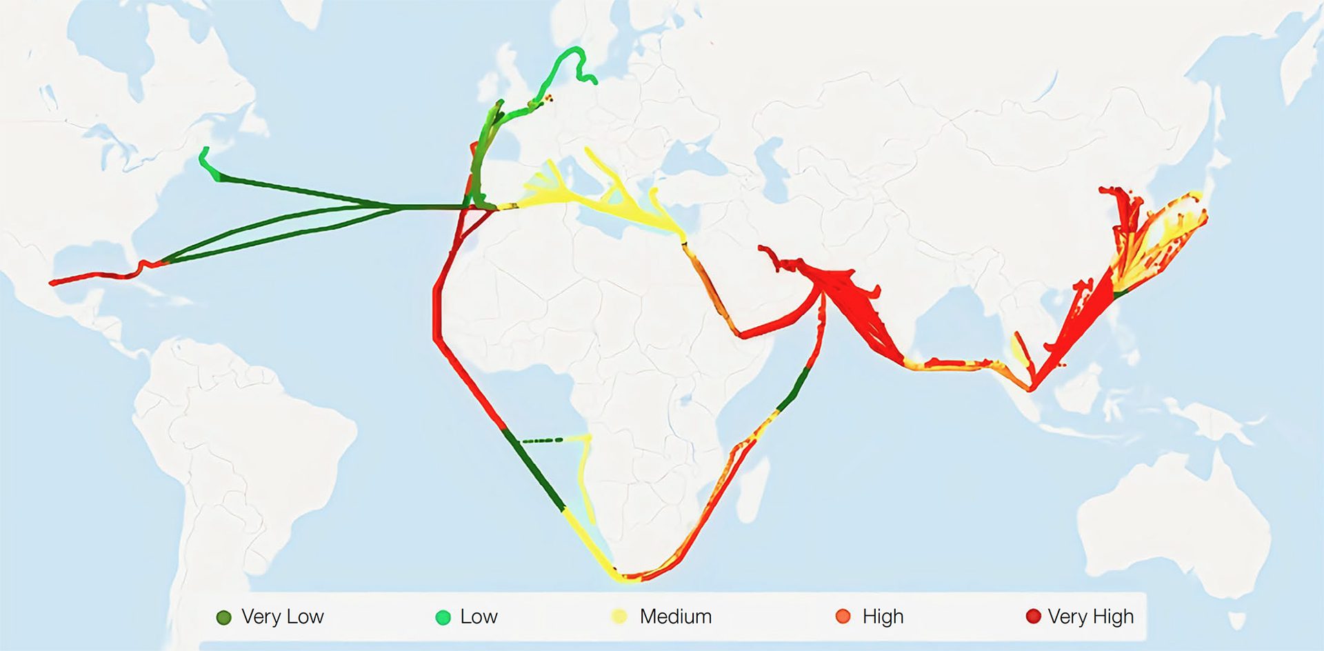 Global trading routes for the subject LNG vessels derived from AIS data.
