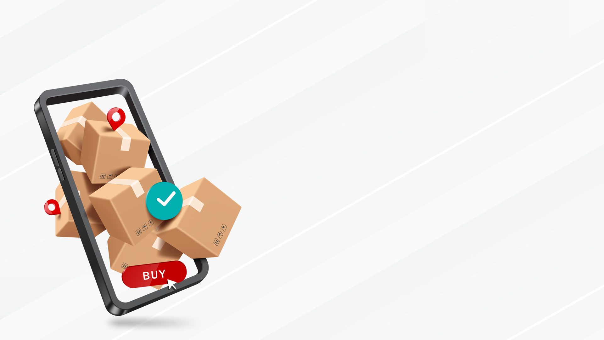 Illustration showing parcel boxes packed tightly inside smartphone on a white abstract background