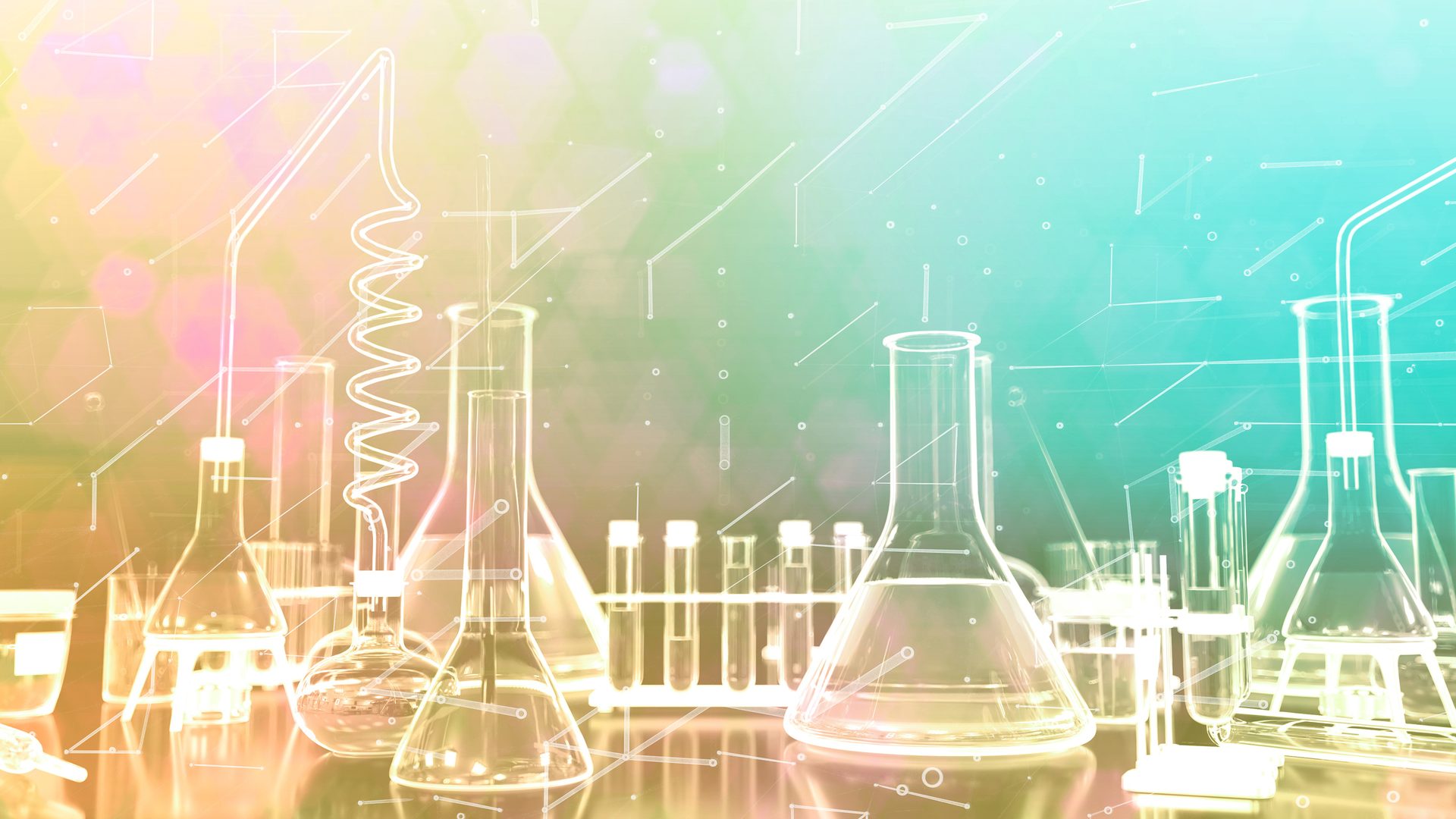 lab with beakers overlayed in light gradient background