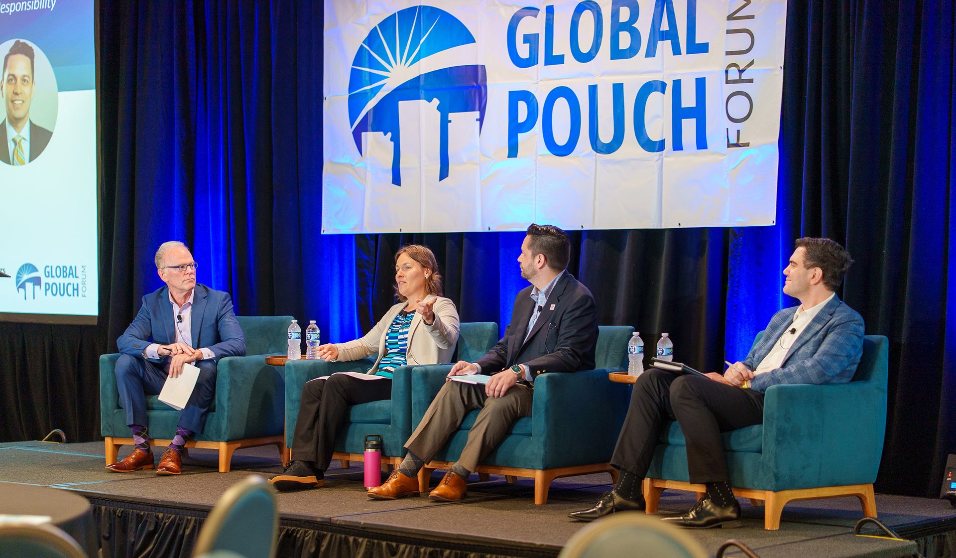 FPA President and CEO Dan Felton moderates a panel discussion at Global Pouch Forum with Rebecca Mick (Association of Plastic Recyclers), Adam S. Peer (American Chemistry Council) and Gregory Melkonian (Serlin Haley). 