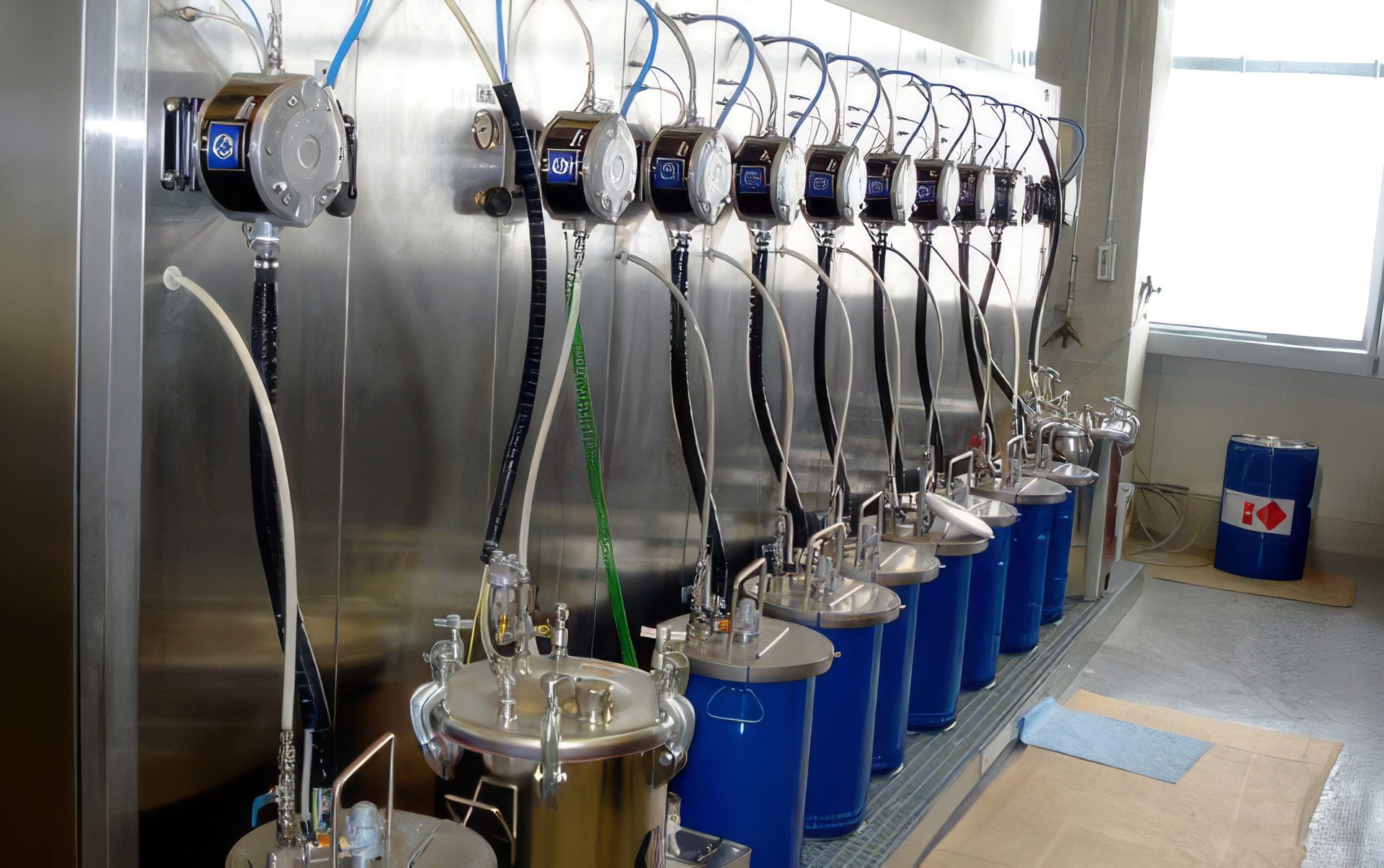 Industrial two-component coating delivery system showing separate resin and catalyst storage containers.