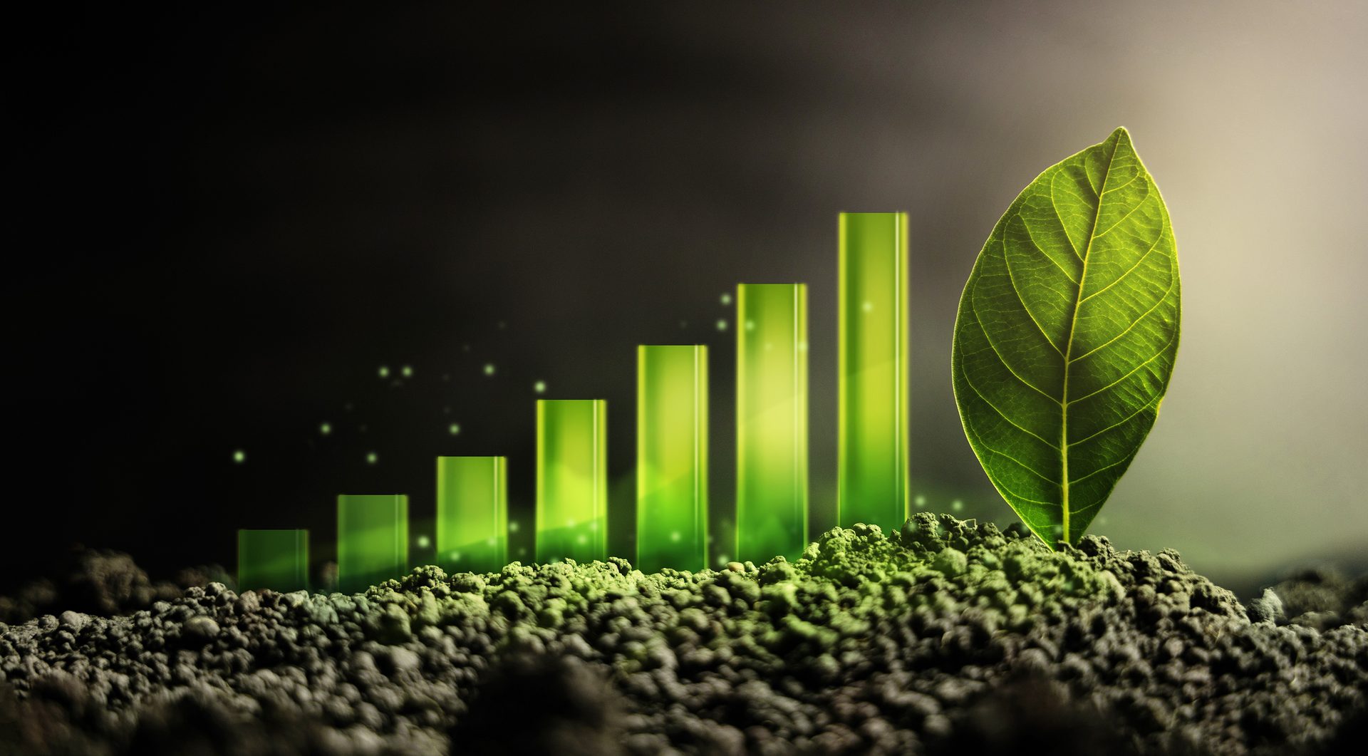 Sustainable business concept showing a green bar graph of growth on dark soil and a green leaf as the goal