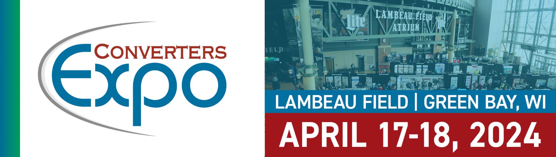 Converters Expo logo and Lambeau Field atrium