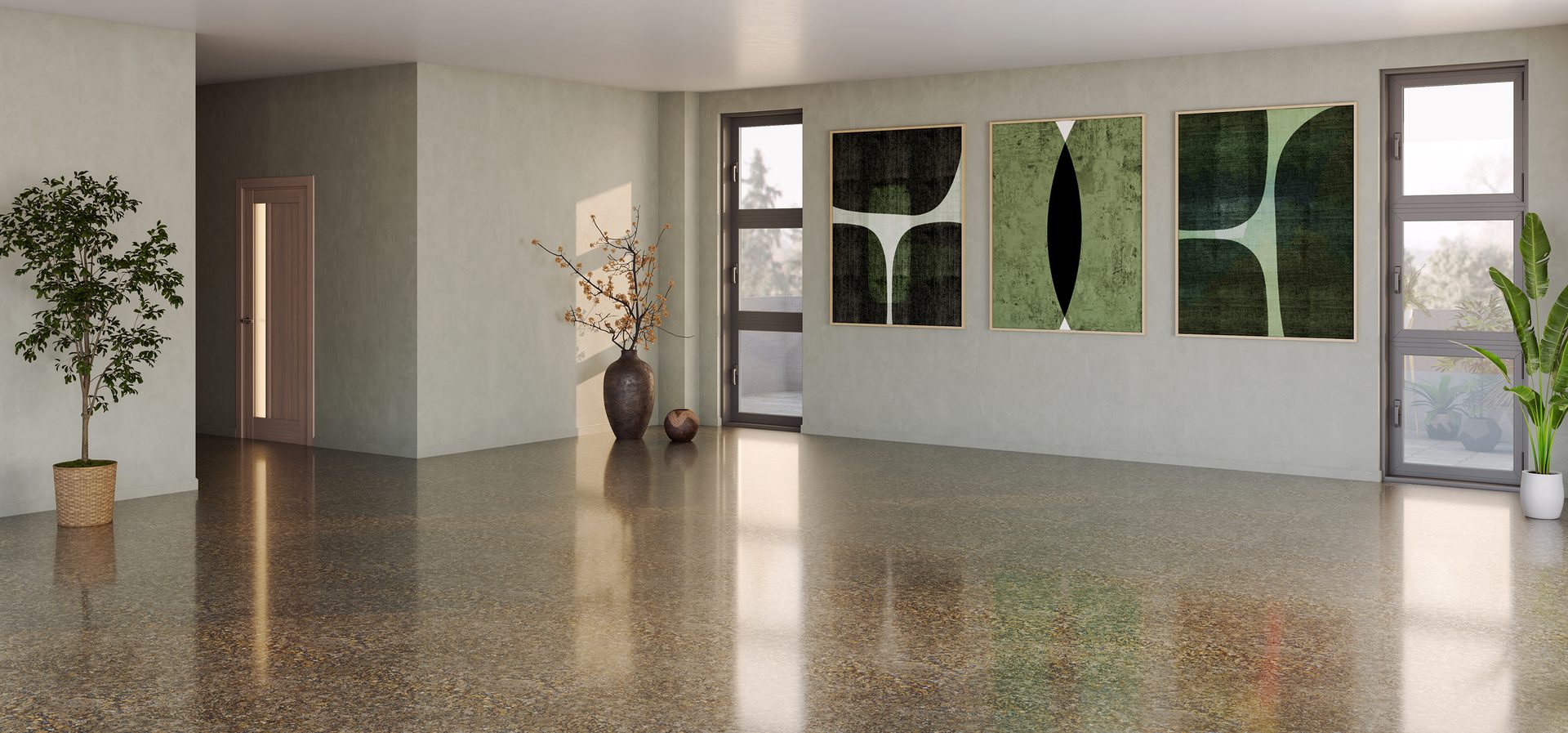 Large luxury modern bright interiors living room with concrete flooring and resin coating
