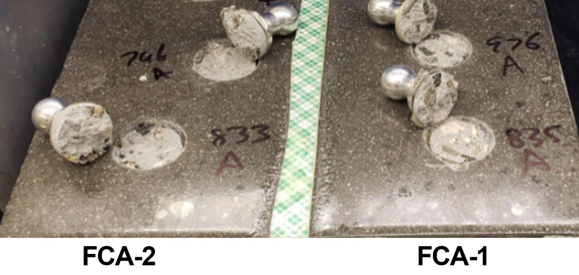 Concrete adhesion (unit: psi) of FCA-1 (130 phr) and FCA-2 (90 phr).
