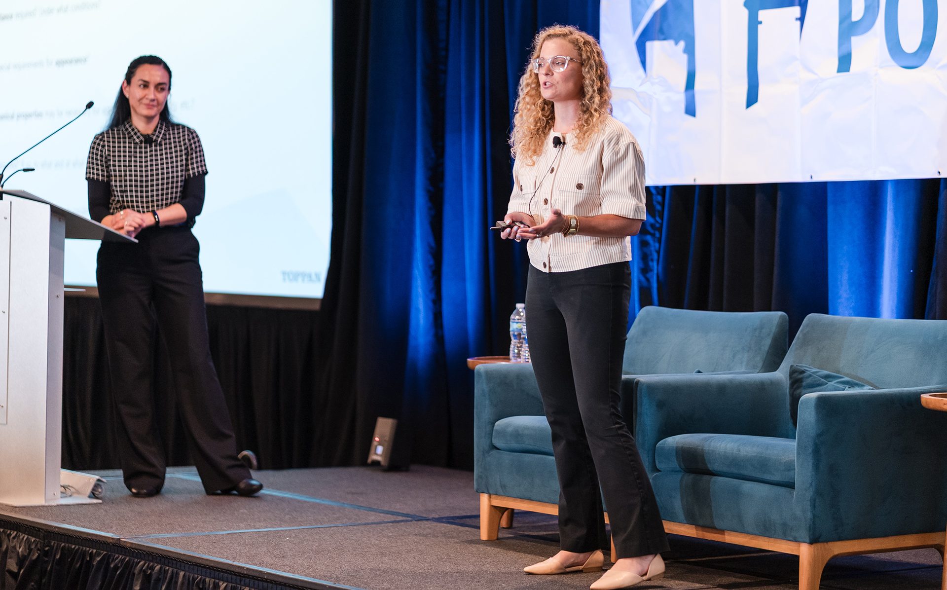 Astrid Torres and Haley Rapp of TOPPAN Packaging Americas onstage during their presentation at Global Pouch Forum.