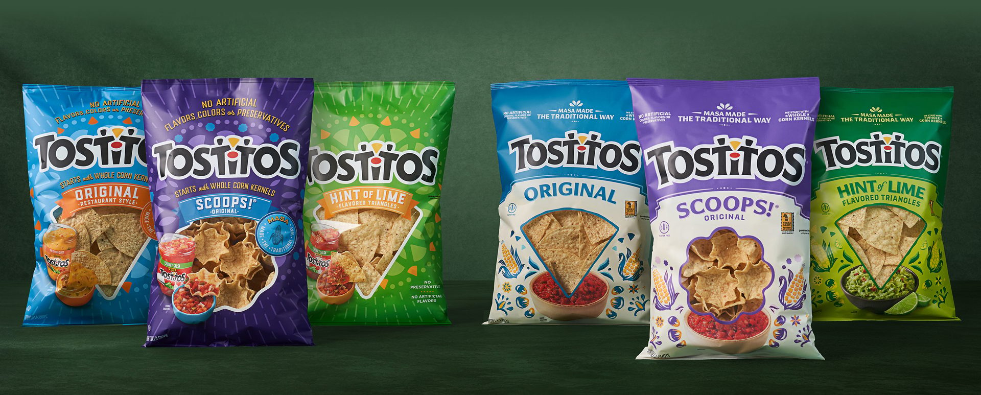 New Tostito’s packaging for several varieties against dark green background
