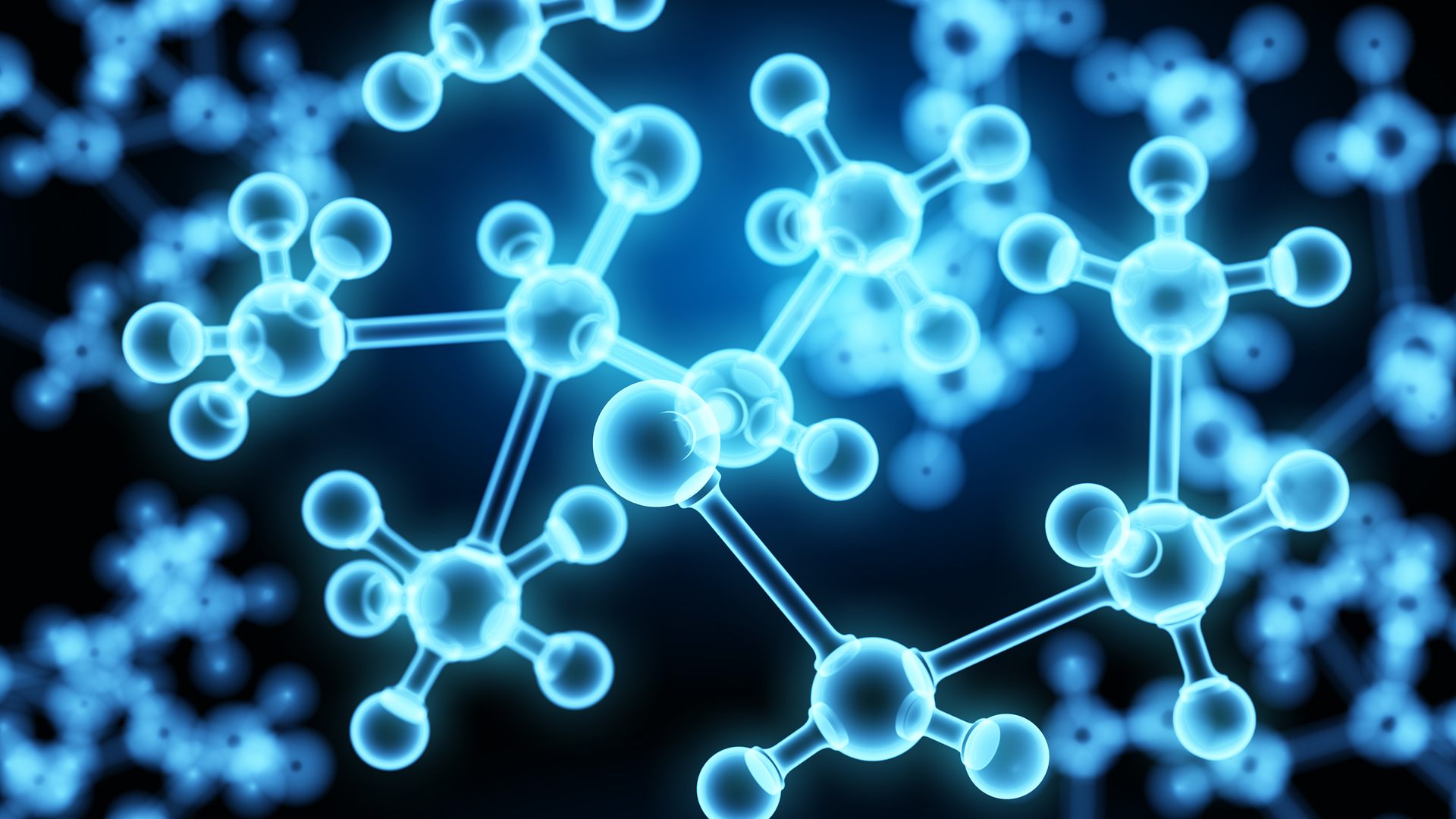 A close-up view of glowing molecular structures under a blue background