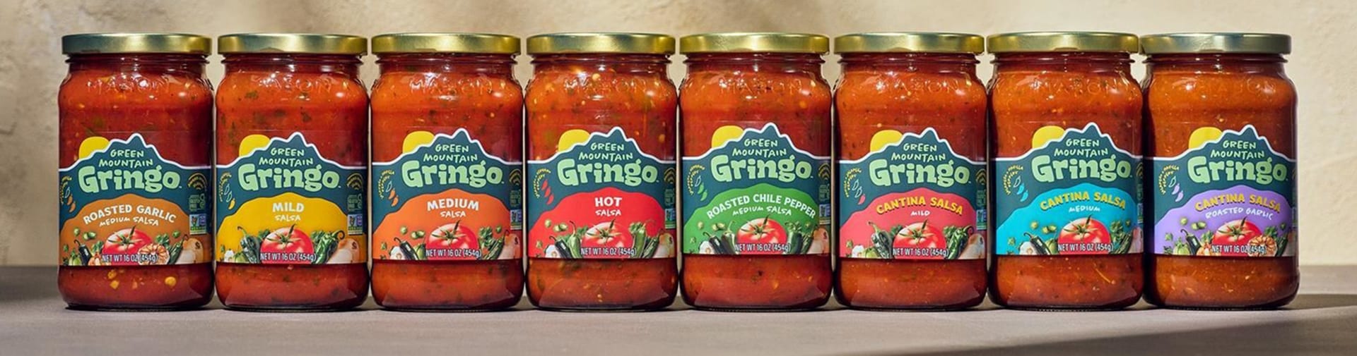 Lineup of Green Mountain Gringo salsas in new containers