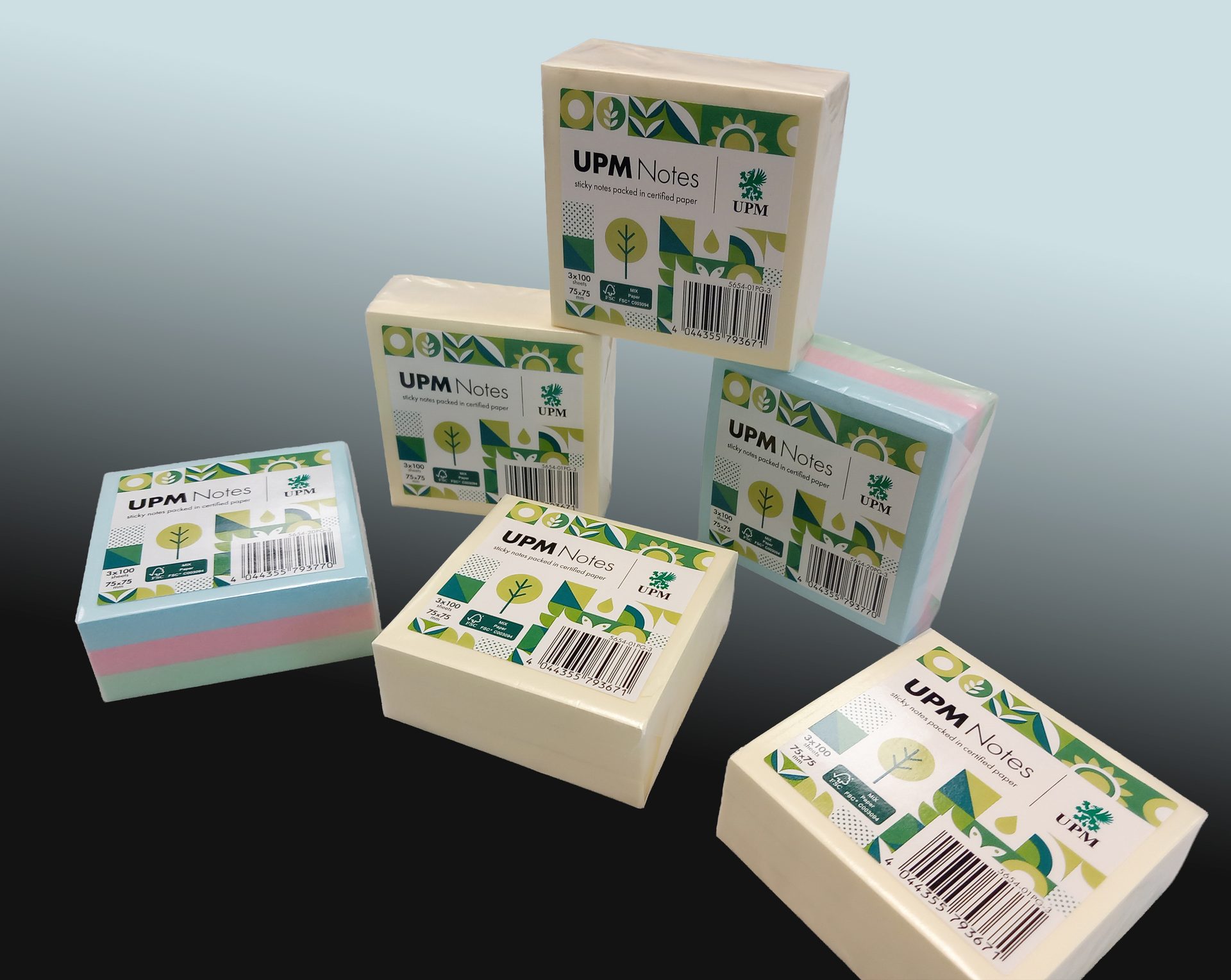 Packs of sticky notes in new paper-based packaging