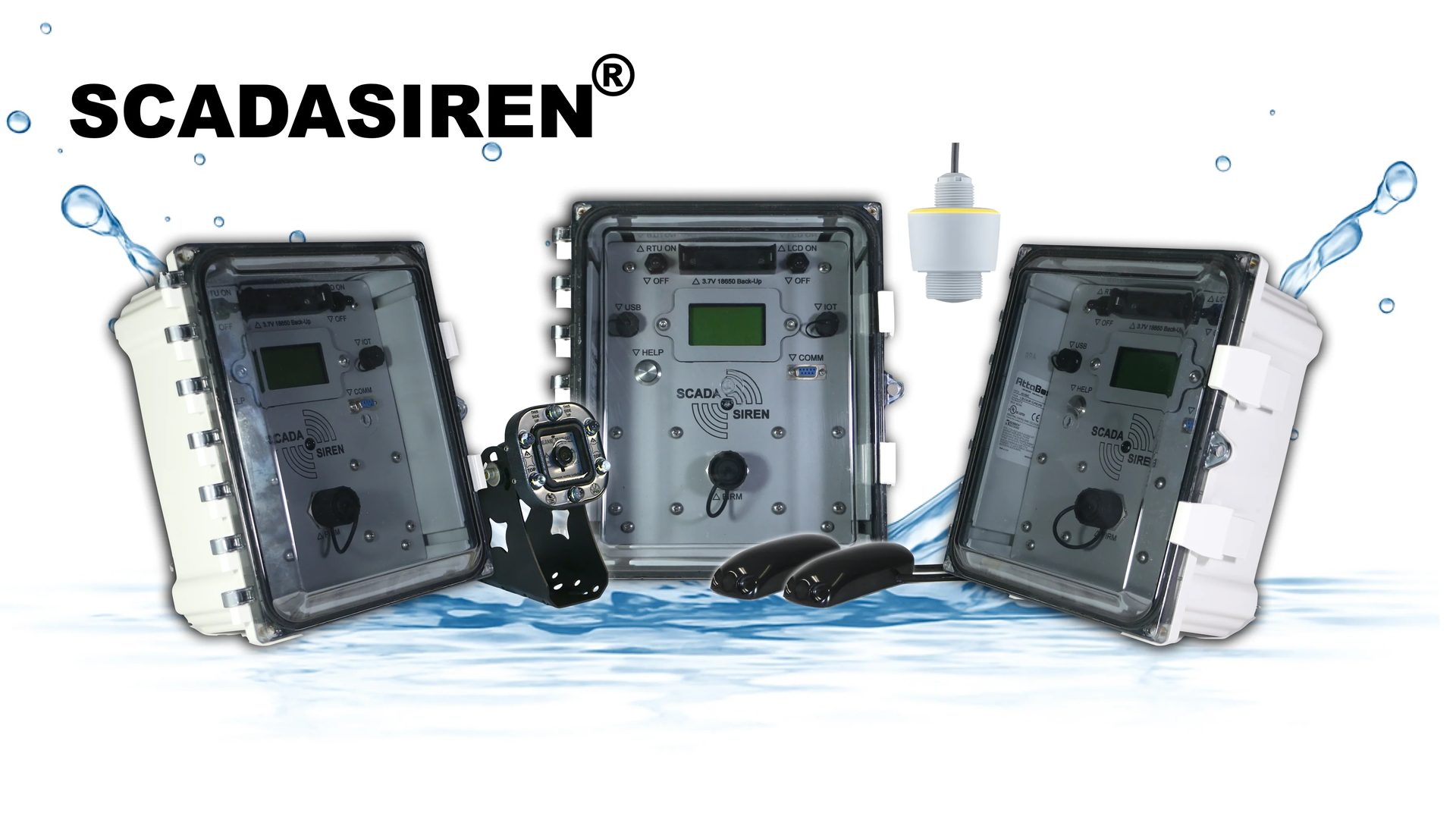 SCADASIREN water monitoring devices: three main units, an ultrasonic sensor, and other components.