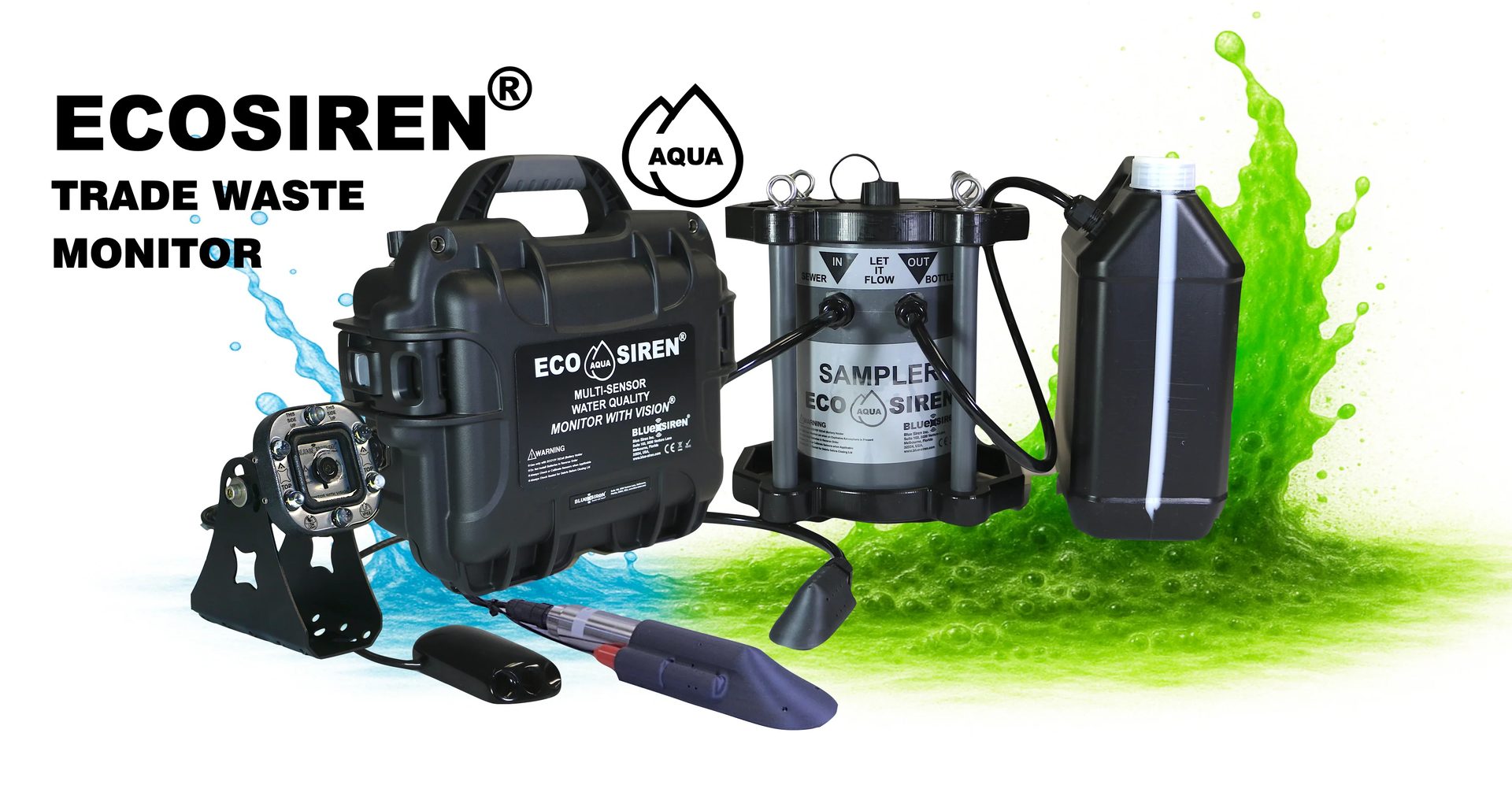 ECOSIREN trade waste monitor with multi-sensor water quality sampler, camera, and collection bottle.