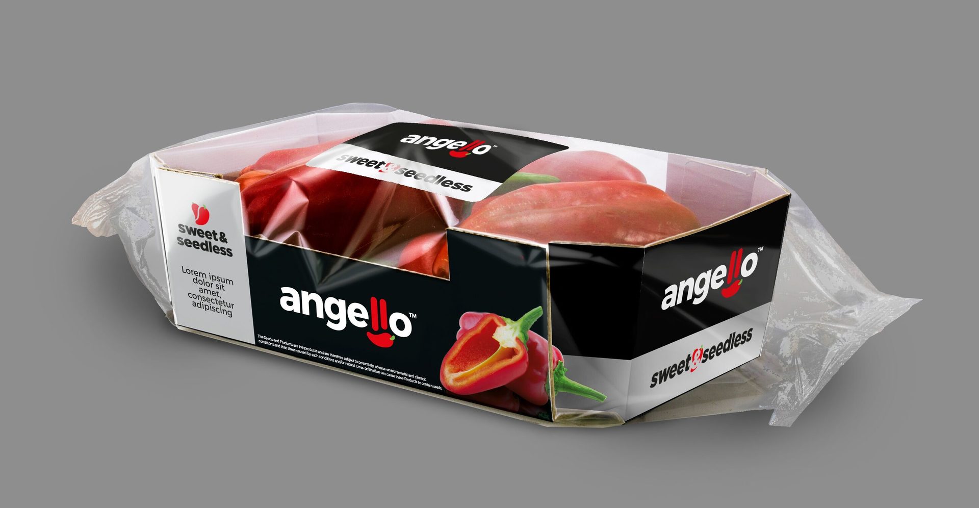 Package of "Angelo sweet & seedless" red peppers, wrapped in plastic.