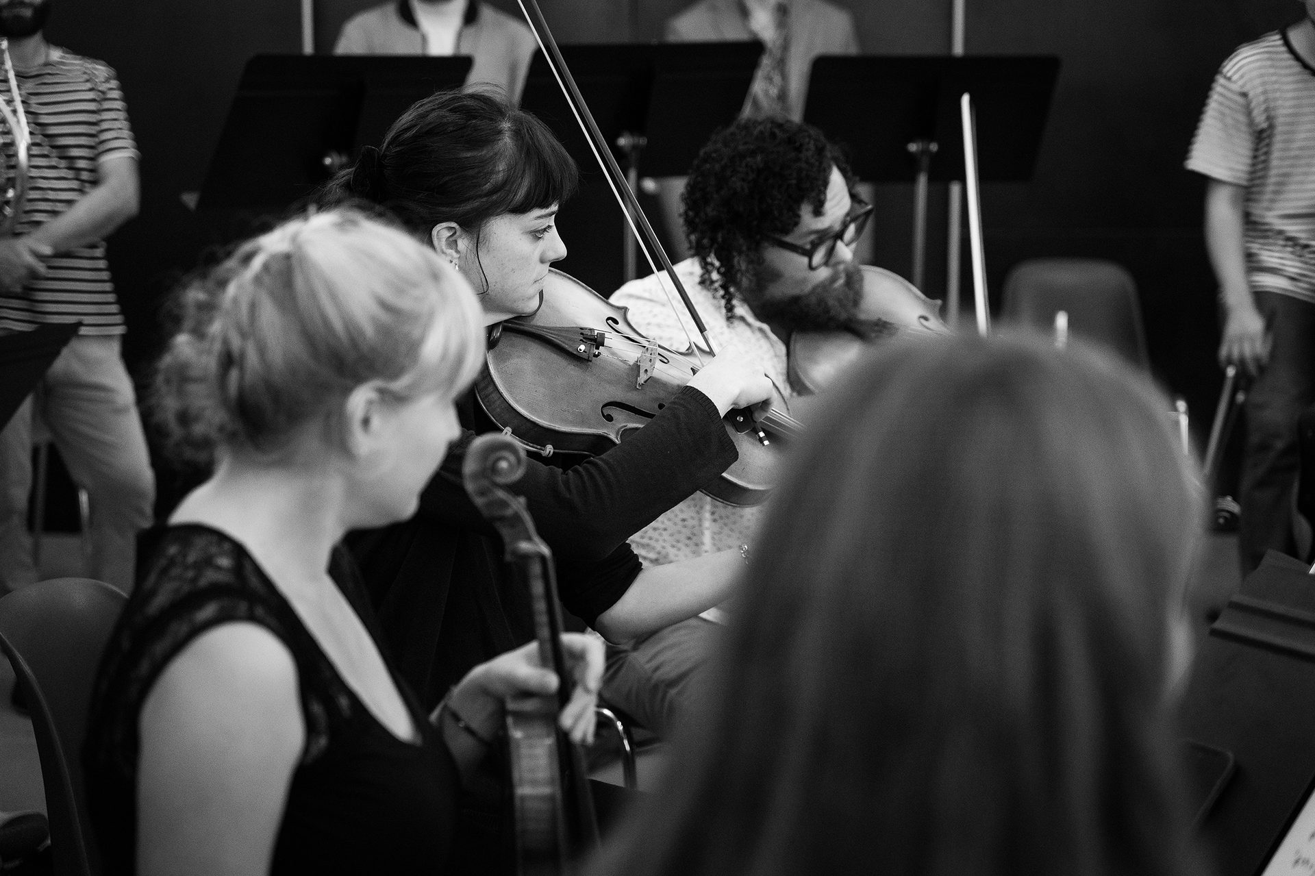 Musical instrument, Violin family, Clothing, Musician, Music, Entertainment, Style, Black-and-white